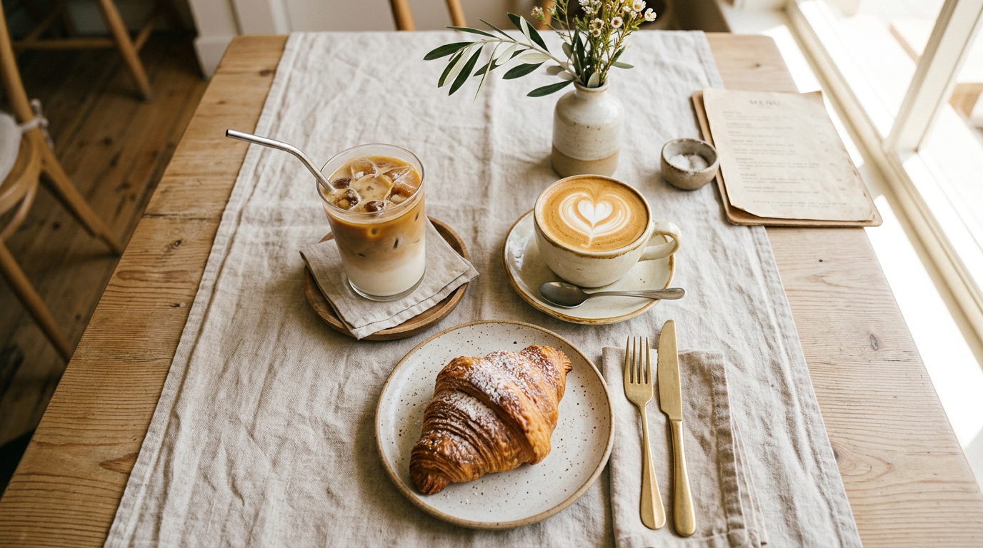 Mesa de café da manhã com latte gelado, cappuccino e croissant