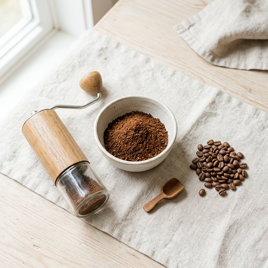 Café moído na hora em tigela de cerâmica ao lado de um moedor manual