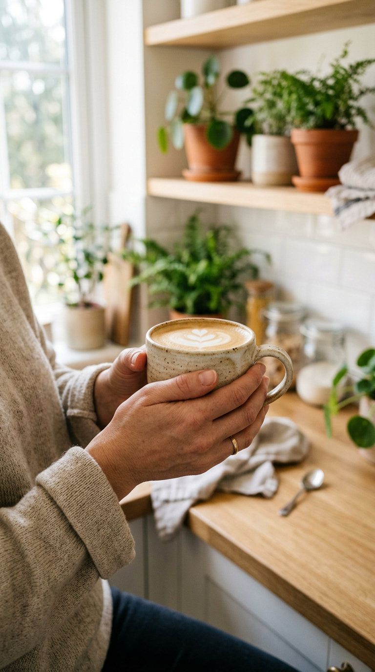 Mãos segurando uma caneca de flat white em uma cozinha iluminada