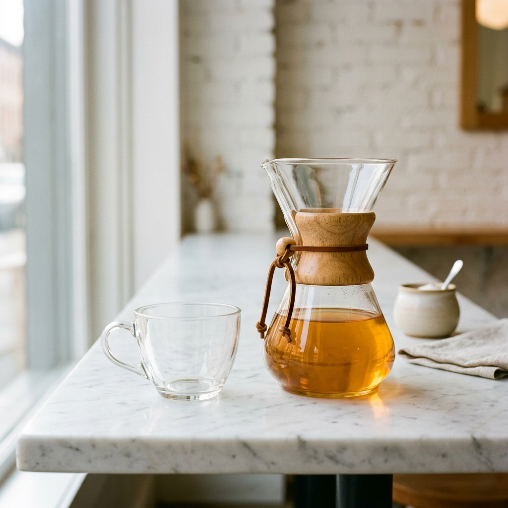 Jarra de vidro com café coado dourado ao lado de um copo